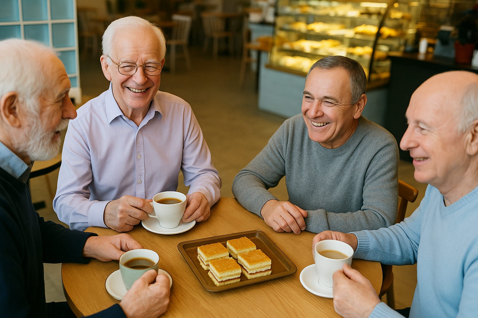 Drei ältere Herren im Gespräch bei Kaffee im soluscafe